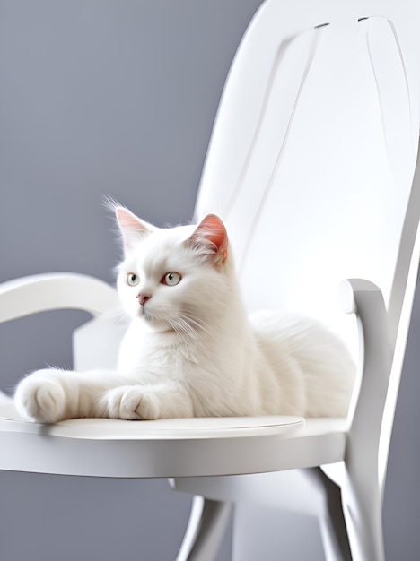 Фото Белый кот сидит на стуле с белой спинкой.