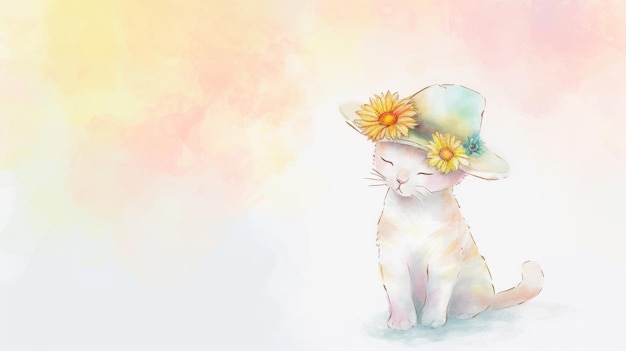 写真 太陽花の帽子をかぶった白い猫