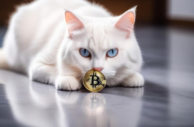 写真 bと書かれた金貨を持った白い猫