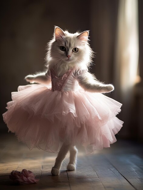 写真 a white cat with a pink bow on its back stands on a floor