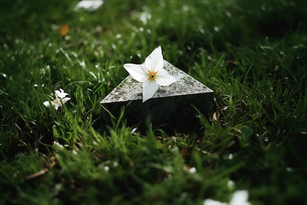 写真 白い花が草の中の黒い立方体の上に座っています。