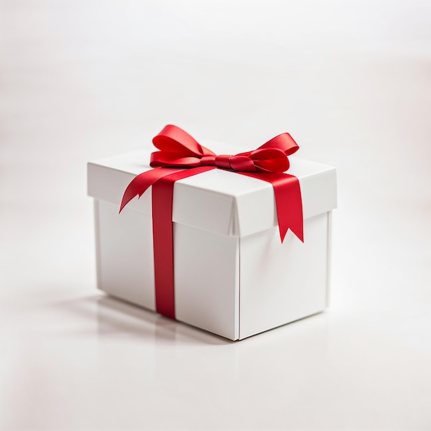 Фото Белая подарочная коробка с красной лентой на белом фоне