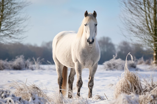 写真 雪原に立つ白い馬