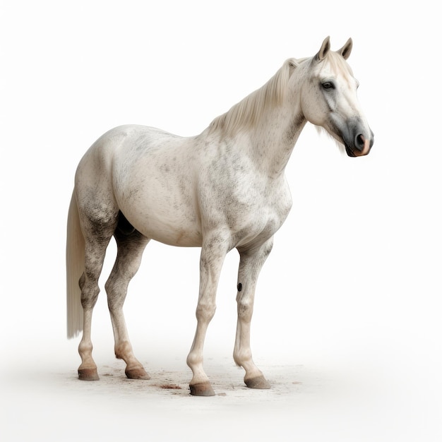 Фото На белом фоне стоит белая лошадь с черным пятном на носу.