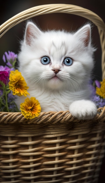 写真 花の入ったバスケットに入った白い子猫