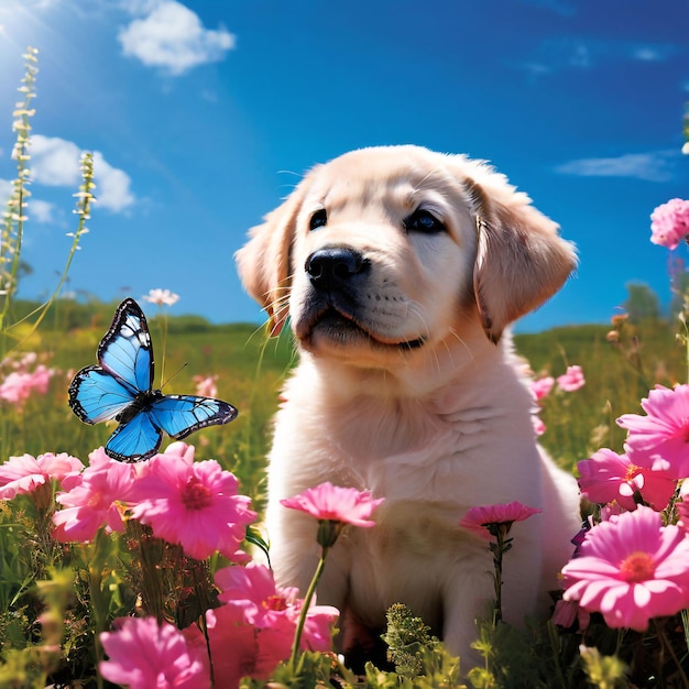 사진 라브라도르 강아지 는 꽃 들판 과 반이는 파란 나비 의 다채로운 풍경 에 앉아 있다