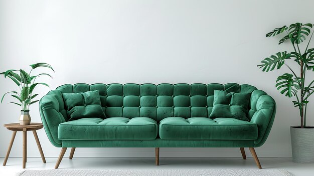 写真 緑色のソファと2つの室内植物とテキストまたは製品広告のためのスペースを持つ白いリビングルーム generative ai