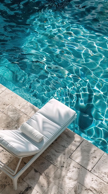 사진 수영장 갑판에 있는 색 라운지 의자와 수건