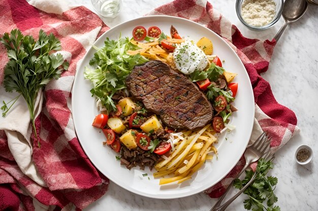 写真 肉と野菜で覆われた白い皿