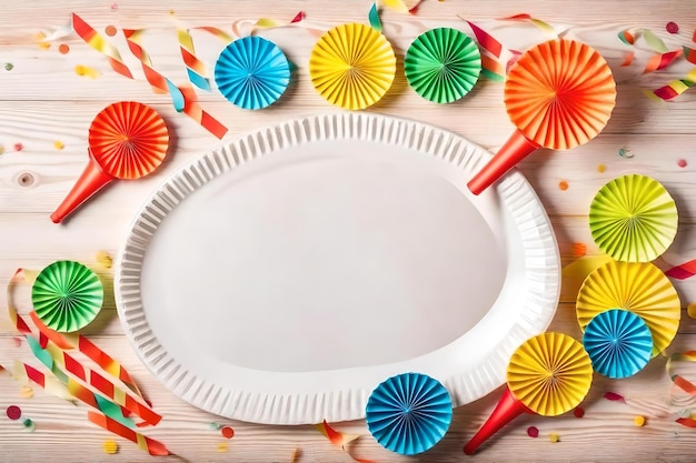 Фото Белая тарелка с красочными карандашами и цветными карандашей на ней.