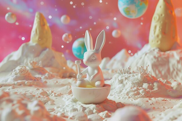 写真 白いウサギが雲の上に鉢に座っている