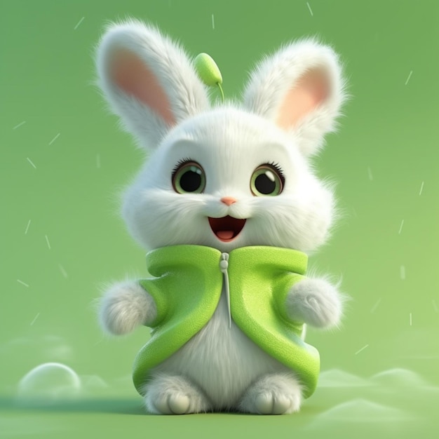Фото Белый кролик с зеленым бантом на шее стоит на зеленом фоне.