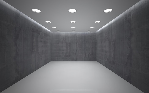 사진 조명이 있는 천장과 회색 벽이 있는 흰색 방.