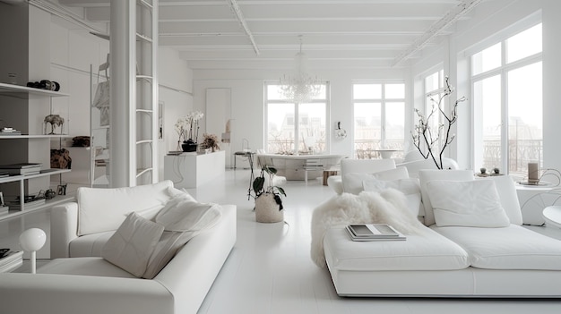 写真 大きな窓と白いソファのある白い部屋。