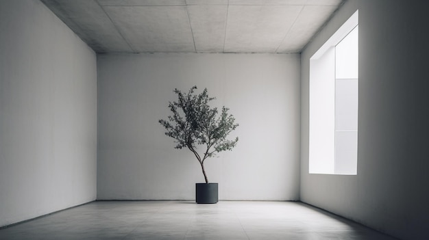 사진 구석에 나무가 있는 하얀 방
