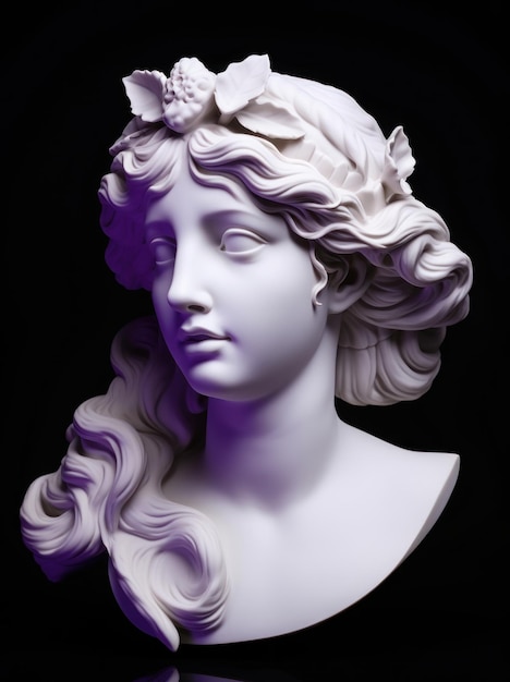 Фото Белая скульптура-голова греческого бога в стиле исторических репродукций.