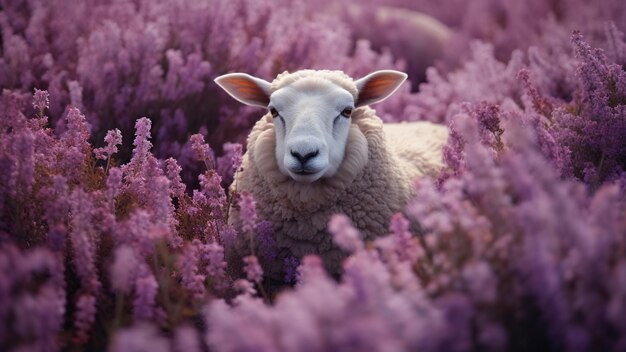写真 紫の花の畑の白い羊