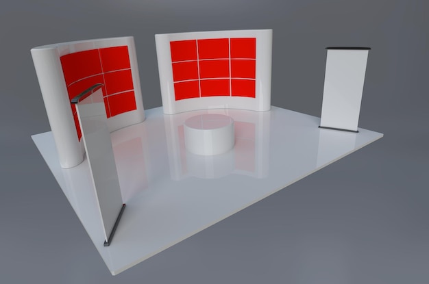Фото Белая сцена с круглым подиумом и белая подиум с красными панелями.