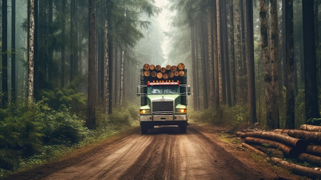 写真 高い木々に囲まれた林道で丸太を運ぶ白いトラック 生成 ai