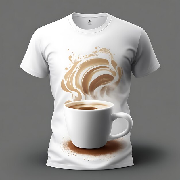 Фото Макет белой футболки для кафе или кафе с чашкой кофе