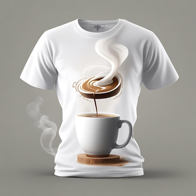 Фото Макет белой футболки для кафе или кафе с чашкой кофе