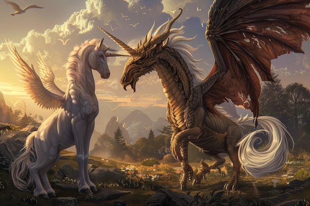 Фото Белый единорог и золотой дракон стоят рядом друг с другом.