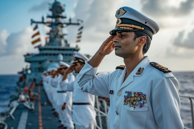 写真 白いユニフォームの海軍将校が戦艦ジェネレーティブアイの隣に立っています