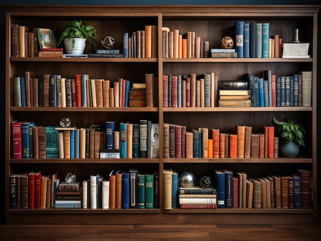 Фото Целая стена книжных полок, заполненная книгами.