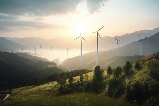 Фото Ферма ветряных турбин, вырабатывающая возобновляемую зеленую энергию в живописной природной среде, способствует устойчивому развитию и экологически чистым отраслям генеративный ии