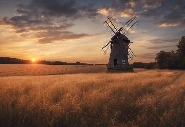 Фото Ветряная мельница в поле с заходящим за ней солнцем