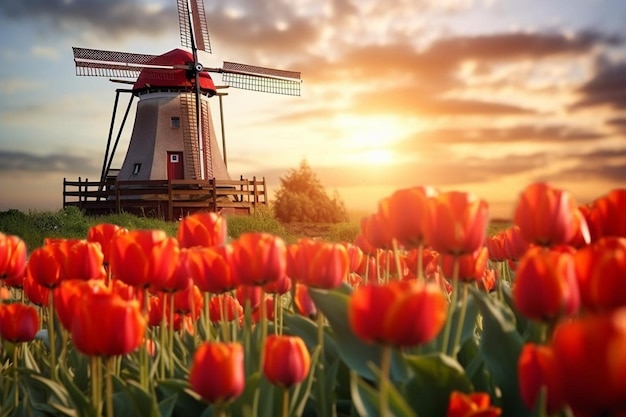 Фото Ветряная мельница перед полем красных тюльпанов