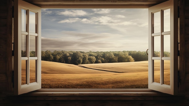 Фото Окно с видом на поле и дом