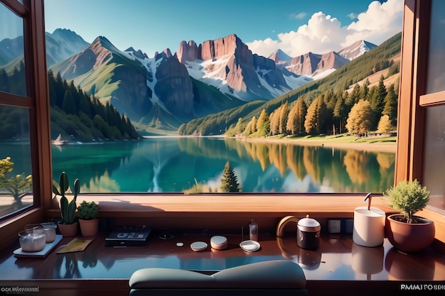 Фото Окно с видом на горы и озеро