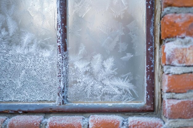 Фото Окно с морозом на нем и кирпичная стена за ним