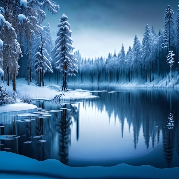 Фото Зимняя сцена с озером и деревьями, покрытыми снегом.