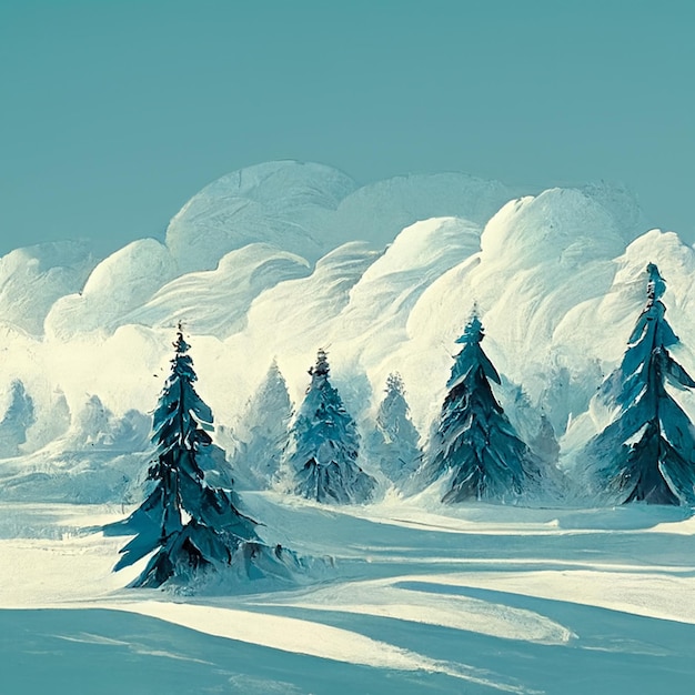 Фото Зимняя сцена с заснеженными деревьями и голубым небом.