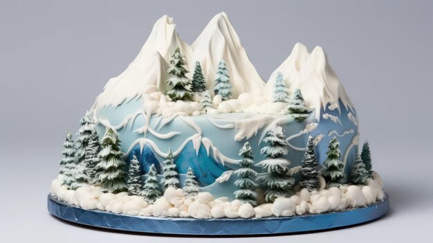 Фото Зимний чудесный рождественский торт, тщательно изготовленный, чтобы изобразить заснеженный горный пейзаж с съедобным снегом и сахарными соснами