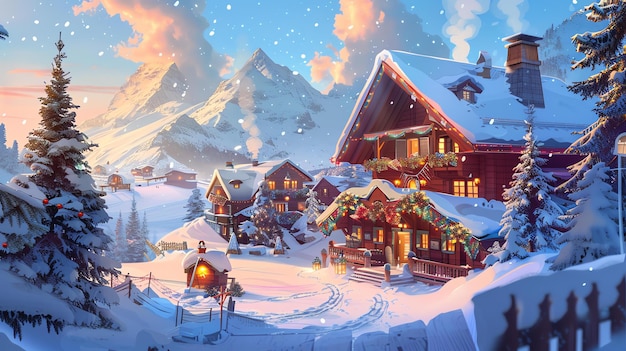 写真 雪に覆われた山々と 居心地の良い小屋の冬の不思議の国 日常の喧から逃れるのに最適な場所