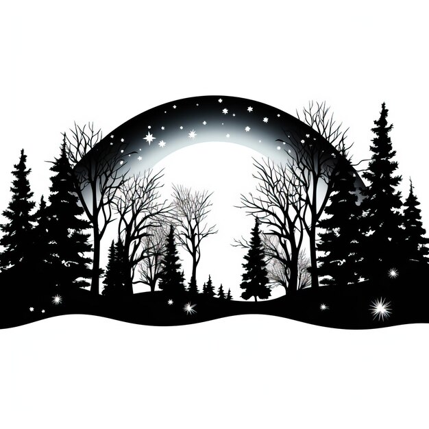 写真 ウィンター・ワンダーランドシルエット 黒いアイコン イラスト 星の背景 2024年新年クリスマスカード