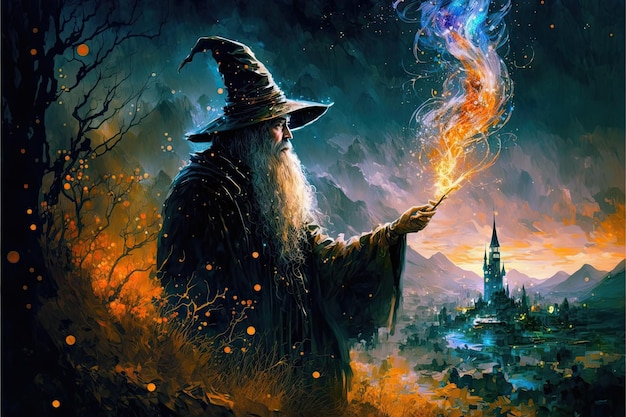 Фото Волшебник, держащий волшебную палочку на вершине холма в темной ночной фантазии