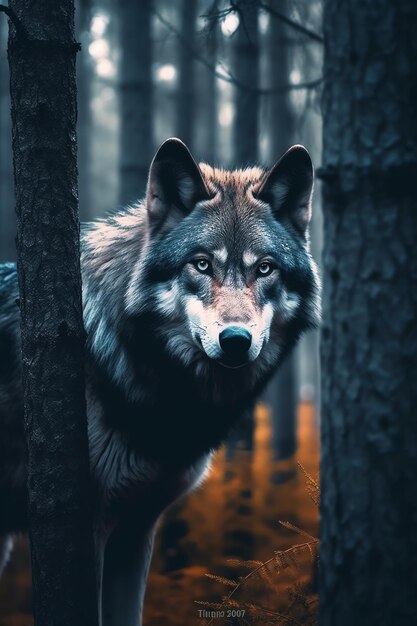 写真 森の中に立つオオカミ