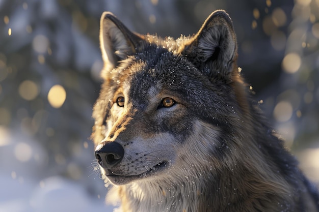 Фото Волк, который находится снаружи с солнцем, сияющим на его лице