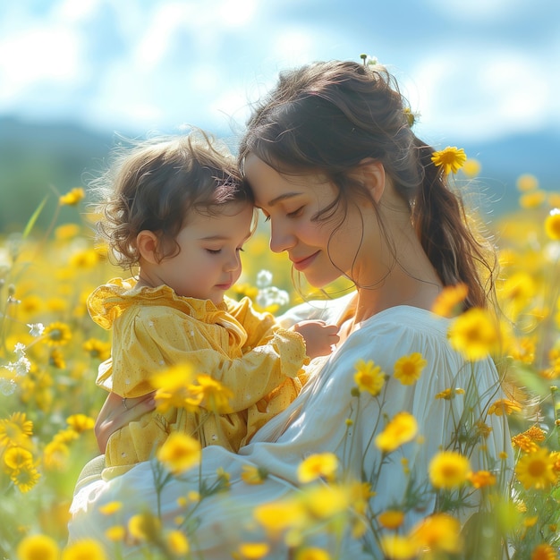 写真 女性と赤ちゃんが花の畑にいる