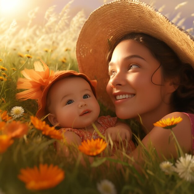 写真 花畑に横たわる女性と赤ちゃん