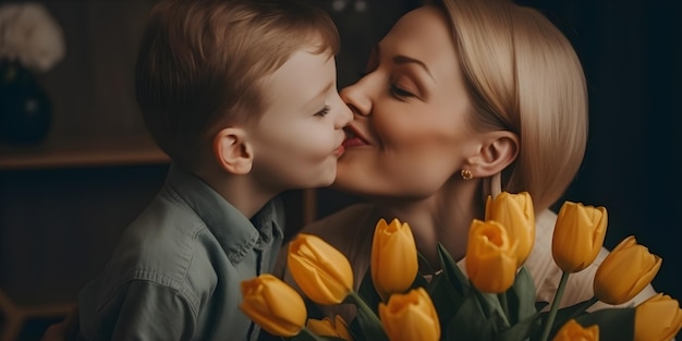 Фото Женщина и мальчик целуют букет желтых тюльпанов