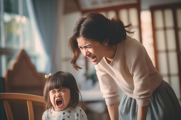 사진 한 여자와 한 아이가 화가 나고 화가 난다.