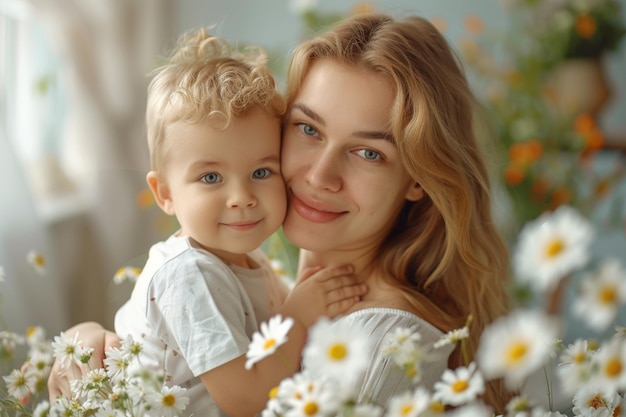 Фото a woman and a child are hugging each other and smiling