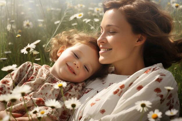 写真 女性と子供が花束の畑に横たわっている