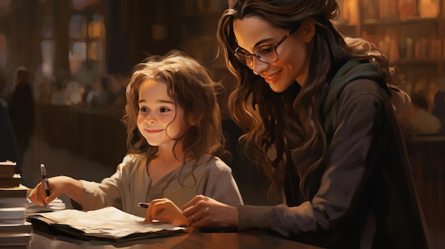 Фото Женщина и ребенок смотрят на книгу