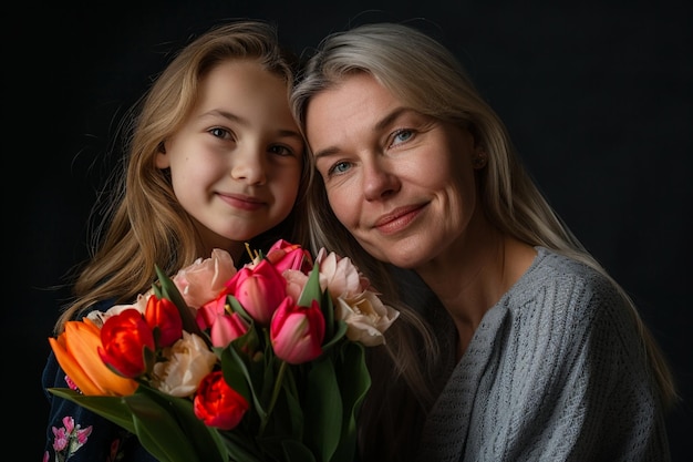사진 a woman and a child pose with a bouquet of tulips